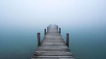 Obraz premium Lonely Wooden Pier Extending to the Horizon Over Foggy Water : Generative AI