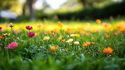 Vibrant Spring Meadow with Colorful Wildflowers in Soft Focus : Generative AI