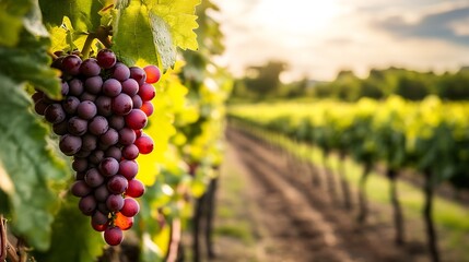 Fototapeta premium Grapevine with ripe purple grapes basking in golden sunset light : Generative AI