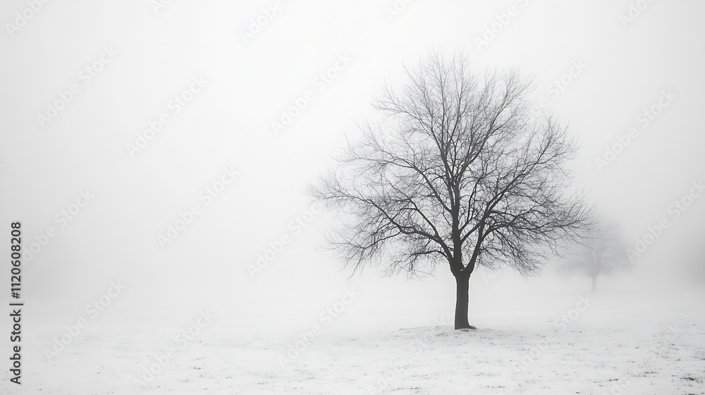 Poster Solitary Tree in Snowy Foggy Landscape Creating a Minimalistic Scene : Generative AI