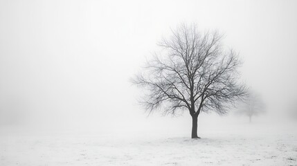 Fototapeta premium Solitary Tree in Snowy Foggy Landscape Creating a Minimalistic Scene : Generative AI