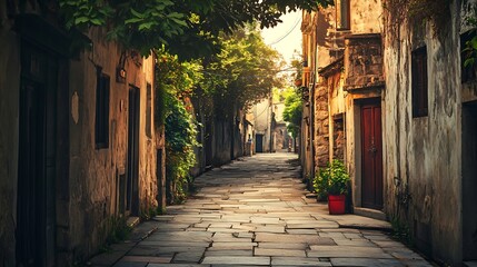 Fototapeta premium Charming Stone Alley with Warm Light and Green Foliage in Quiet Old Town : Generative AI