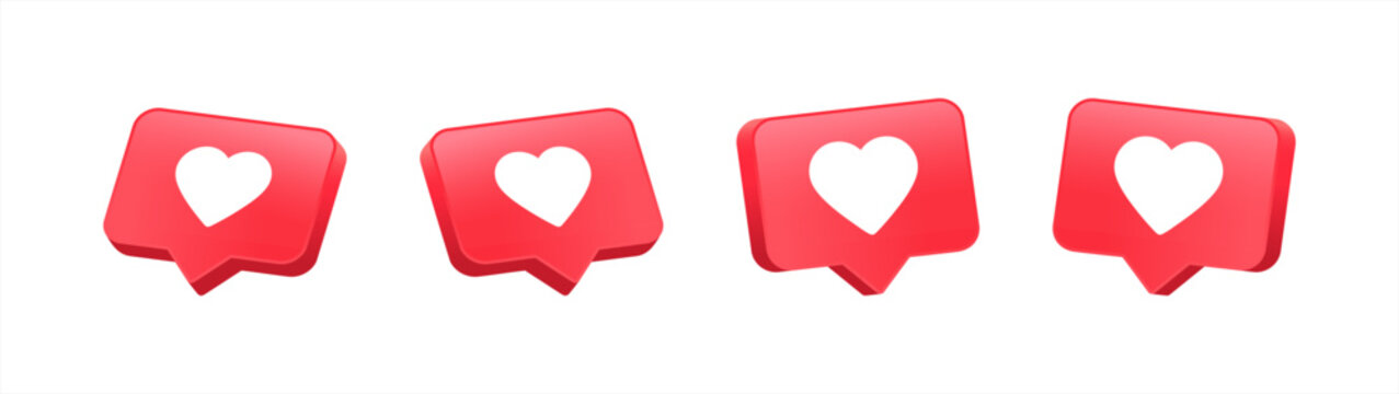 3d Heart textbox, heart icon, love social media notification, love icon for social media on the chat box. Set Like heart icon on a red pin. Set of heart in speech bubble icon. Vector 10 eps.