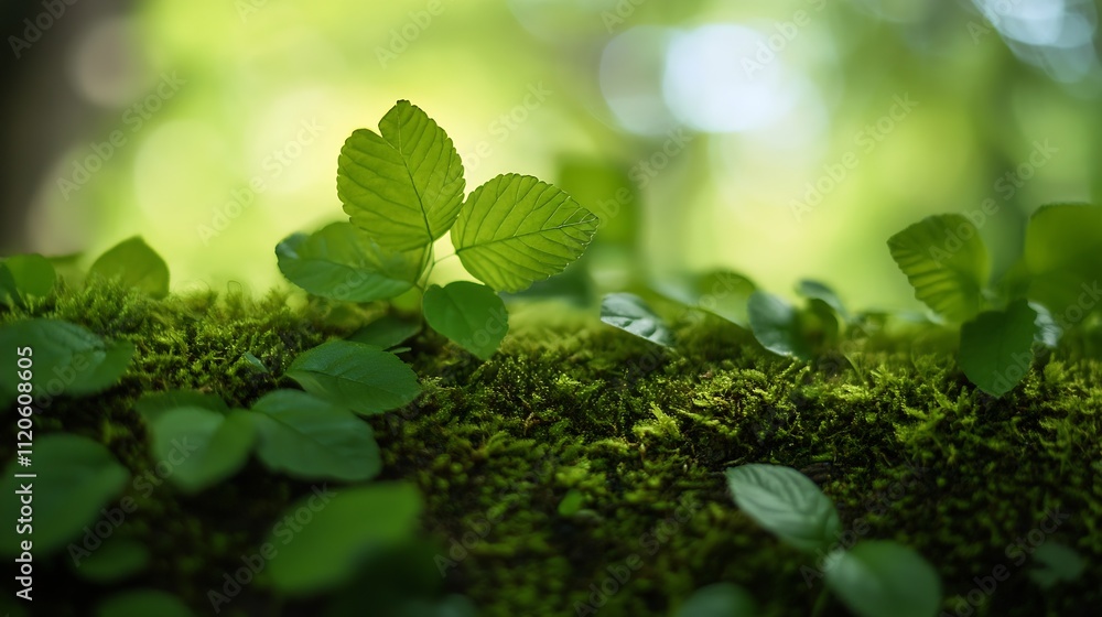 Poster moist moss and fresh green leaves creating a peaceful forest floor : generative ai