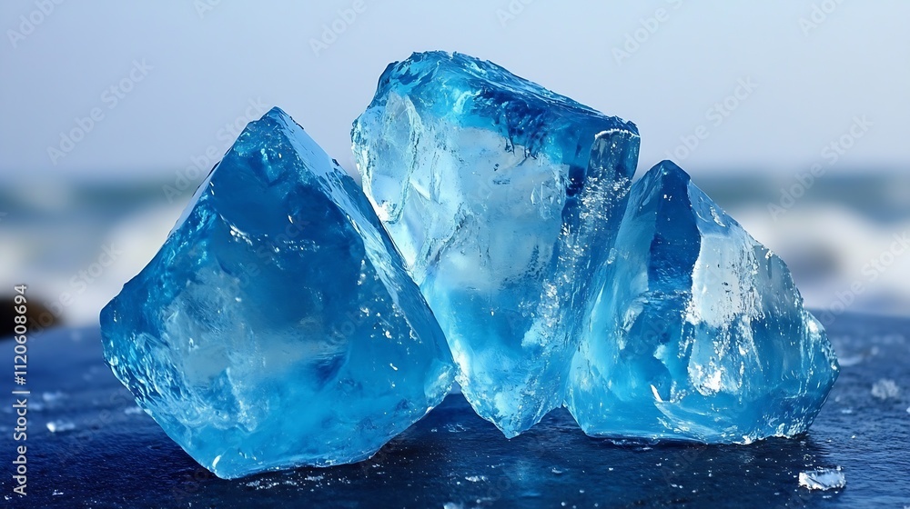 Aufkleber closeup of blue ice crystals on ocean shore with waves in background : generative ai