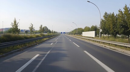 Fototapeta premium Empty Highway on a Sunny Day with Clear Blue Sky and Greenery on Both Sides : Generative AI