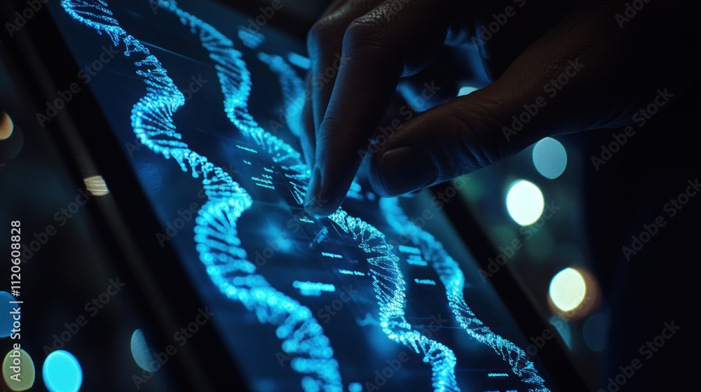 Aufkleber close-up of hand using tablet displaying dna data visualization.