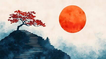 Mythical landscape of Japan featuring dreamlike forests and sacred symbols, perfect for traditional meets fantasy artwork.