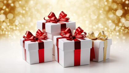 Obraz premium A realistic image of glossy white gift boxes with red ribbons. The boxes should be placed on a surface scattered with golden glitter Happy Valentine's Day