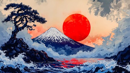 Mythical landscape of Japan featuring dreamlike forests and sacred symbols, perfect for traditional meets fantasy artwork.