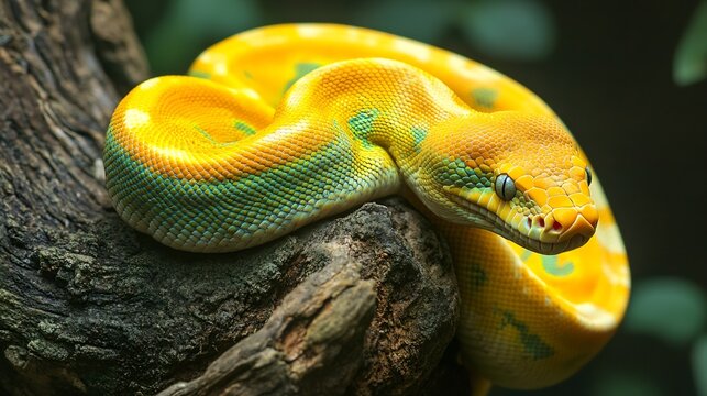 Yellow and Green Python Gracefully Coiled on a Rough Tree Branch : Generative AI