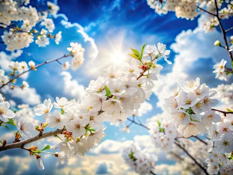 Double Exposure: White Uka Tree Blossoms Sky Background - Spring Floral Photography