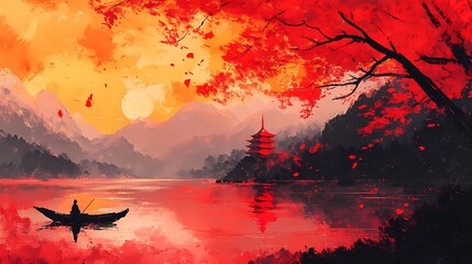 Mythical landscape of Japan featuring dreamlike forests and sacred symbols, perfect for traditional meets fantasy artwork.