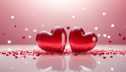 A romantic scene featuring two red, glossy hearts made of glass, resting on a surface with smaller hearts scattered around. Happy Valentine's Day