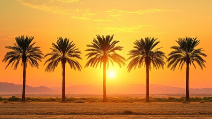 Obraz premium Majestic Sunset Over Silhouetted Palm Trees on Tranquil Beach
