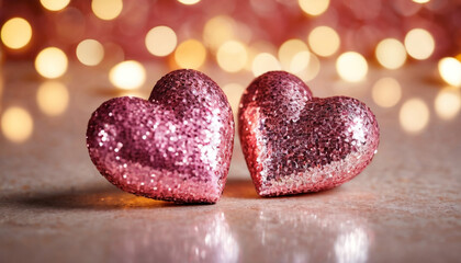 Fototapeta premium Two glittery heart placed closely together on a surface covered with small reflective sequins. Happy Valentine's Day