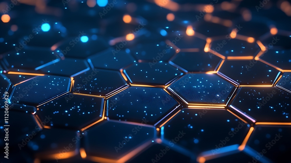 Poster modern geometric digital hex patterns with vibrant blue accents : generative ai