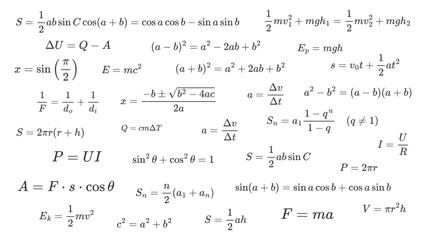 Set of essential math and physics formulas isolated on white background. Key concept in math, physics, mechanics, thermodynamics, and electricity. Vector illustration.