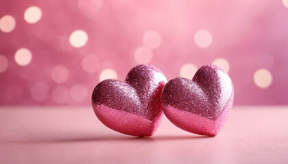 Obraz premium Two pink, glittery heart shapes placed side by side against a pink, bokeh background. Happy Valentine's Day