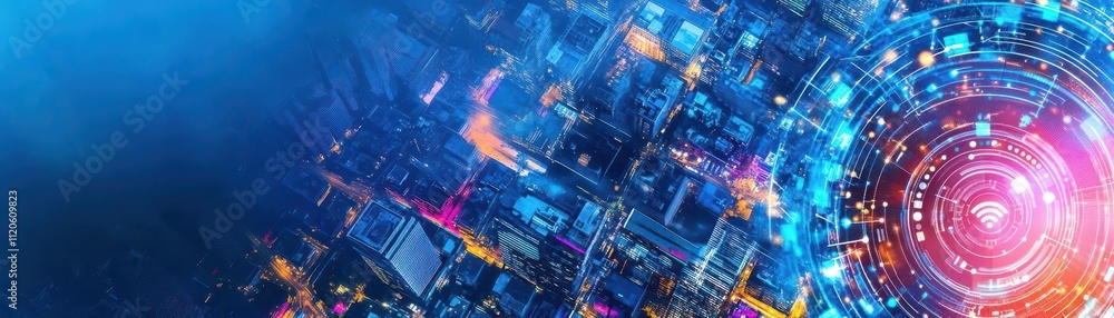Poster smart city infrastructure with iot integration, top view, illustrating seamless connectivity, techno