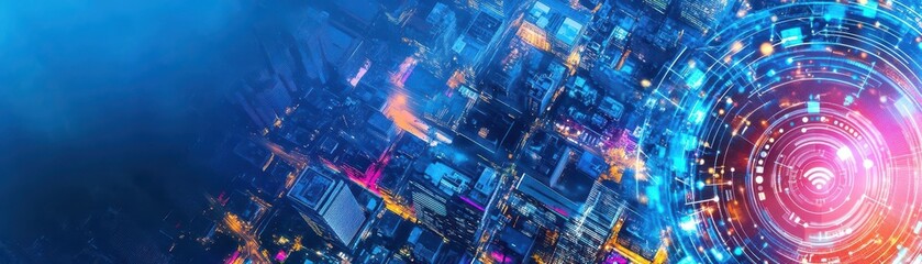 Smart city infrastructure with IoT integration, top view, illustrating seamless connectivity, technology tone, vivid color scheme