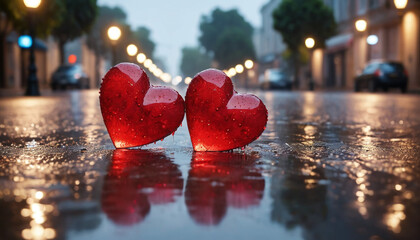 Two red heart-shaped placed on a wet surface, possibly a street or pavement.  Happy Valentine's Day
