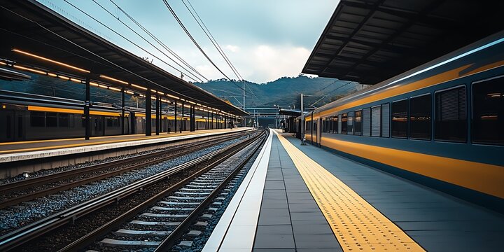 Modern Train Station with Yellow HighSpeed Trains on Parallel Tracks in Mountainous Landscape : Generative AI
