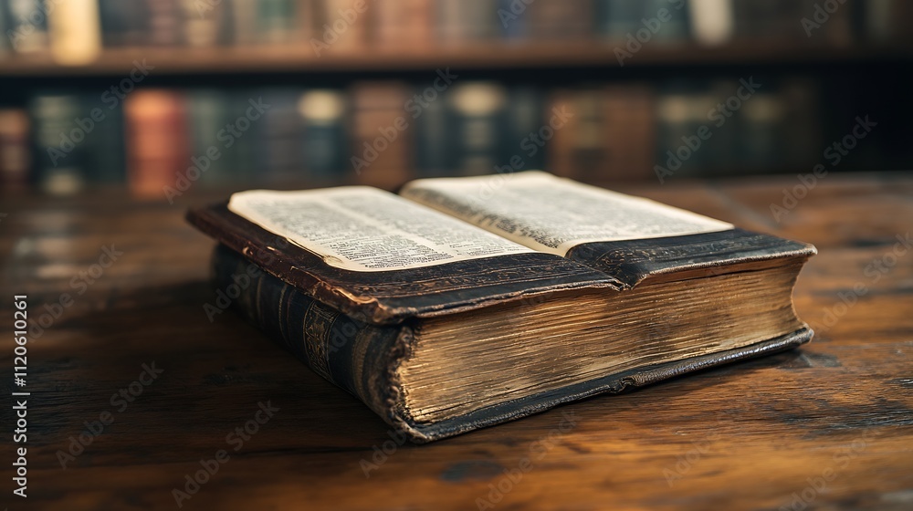 Poster antique leatherbound book on wooden table in classic library setting : generative ai
