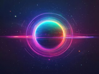 Planets orbiting around a pulsating rainbowcolored star, surrounded by holographic cosmic dust, futuristic illustration