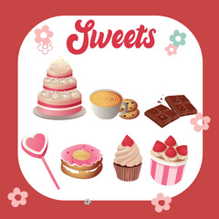 set of cakes and sweets