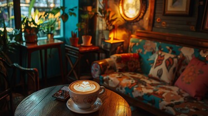 Luxurious hotel room interior with stylish furniture and decor including a table with coffee and tea