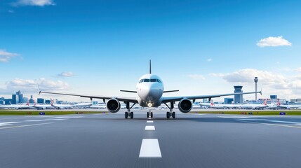 Airplane on runway with city skyline in the background.