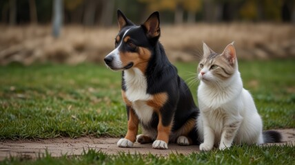 Dog and cat sitting together outdoors.