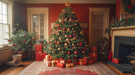 Festive christmas living room with decorated tree and gifts