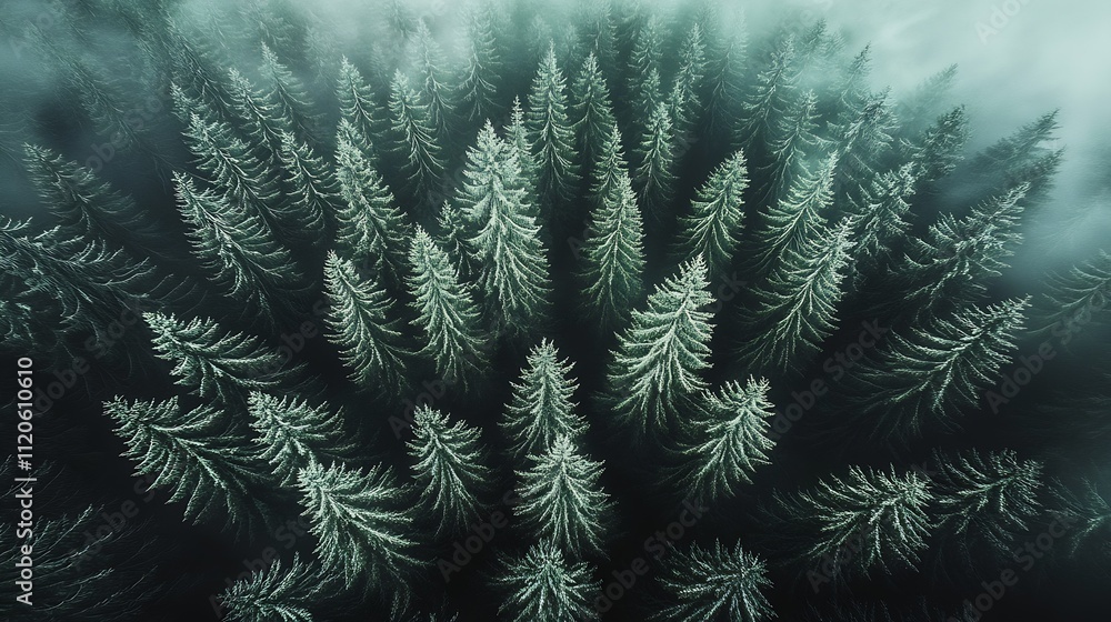 Poster aerial perspective of enchanting foggy evergreen forest with mystical atmosphere : generative ai