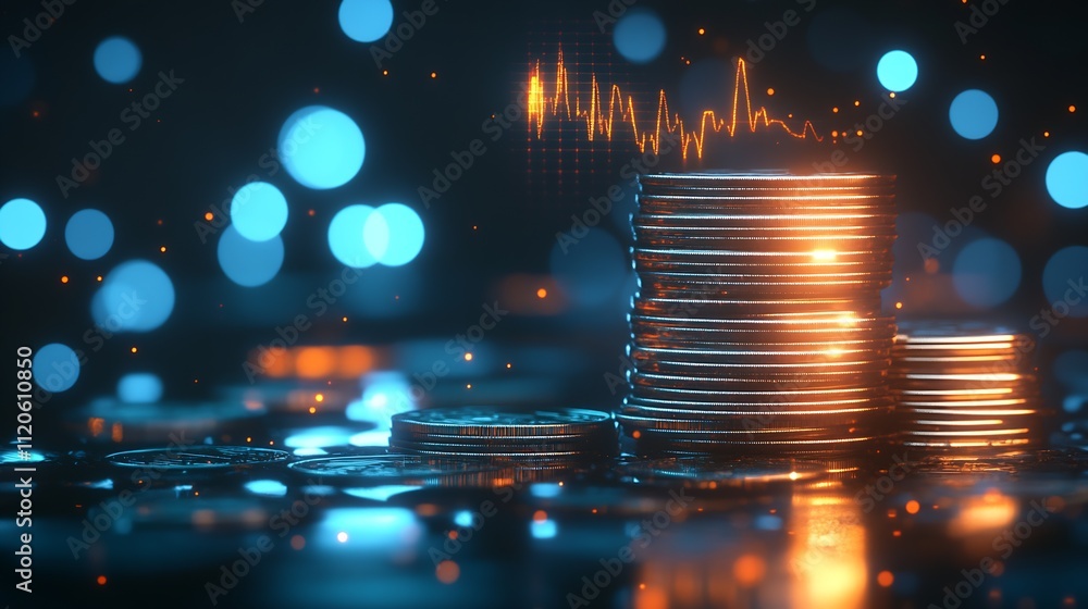 Poster tower of coins with financial graph in digital glow effect : generative ai