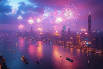  Spectacular Hangzhou skyline lit by vibrant New Year fireworks over river at dusk, celebrating new beginnings.