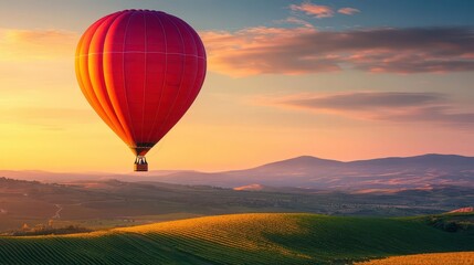 Obraz premium Hot air balloon floating above rolling vineyards, golden sunrise hues painting the sky, romantic adventure in full bloom