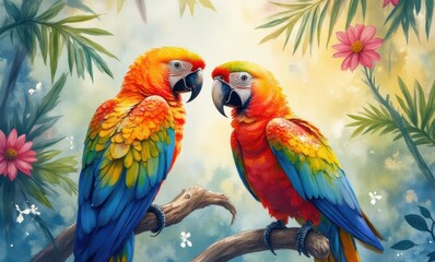 Colorful parrots perched on a branch