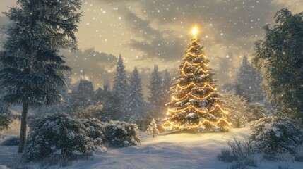 Festive christmas tree in snowy forest