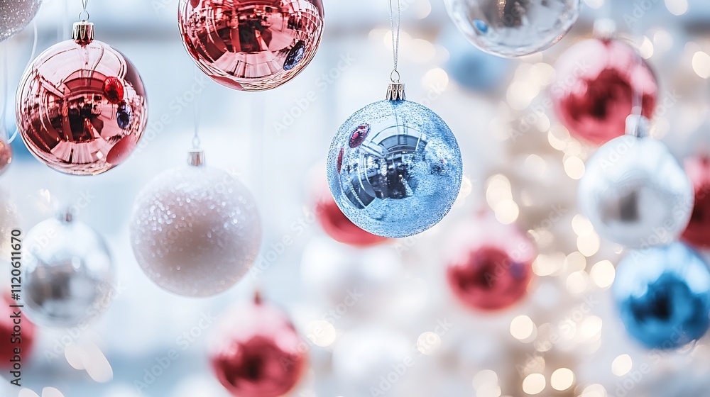 Poster shimmering christmas ornaments in red and blue with bright bokeh lights background : generative ai