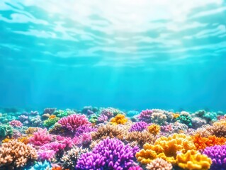 Naklejka premium Coral reef teeming with vibrant marine life, turquoise waters, surreal underwater perspective, ultrarealistic, wideangle view