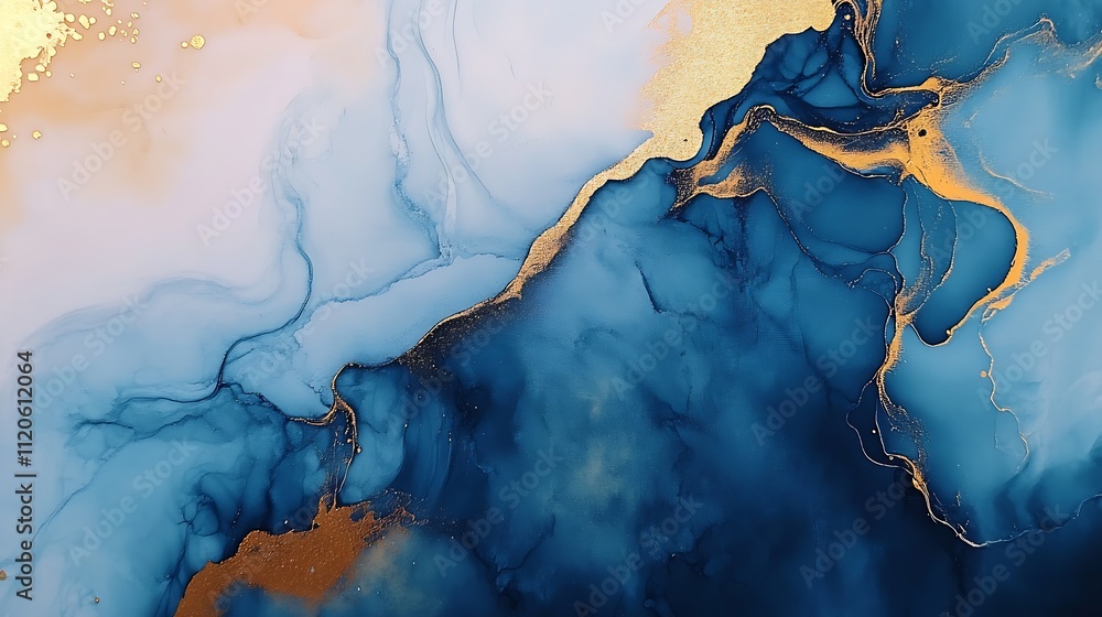 Poster Dynamic abstraction of fluid blue and gold patterns resembling celestial formations : Generative AI