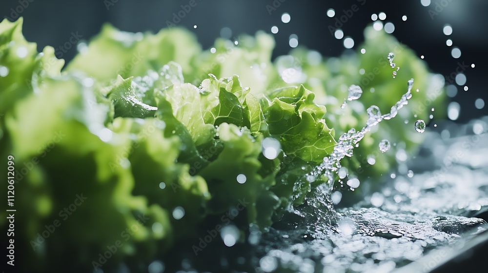 Poster closeup of leafy green lettuce with water droplets and splashes for a refreshing clean taste : gener