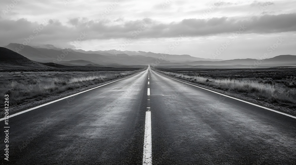 Aufkleber Endless Highway Road in the Desert with Rolling Mountains in Background : Generative AI