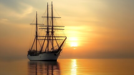 Fototapeta premium Elegant Sailing Vessel in Golden Sunset Reflection on Tranquil Waters : Generative AI