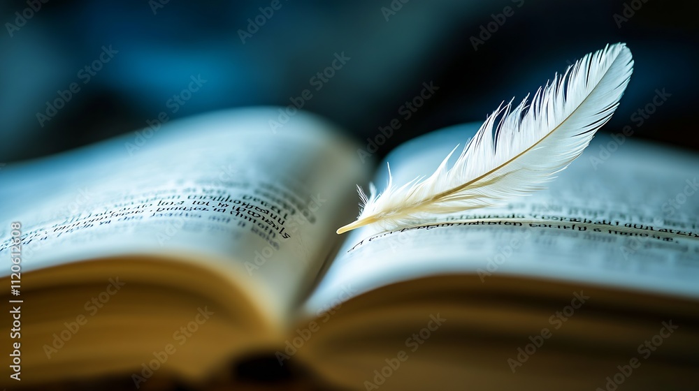 Aufkleber Close Up of Open Book with Quill Feather Illuminated by Soft Light : Generative AI