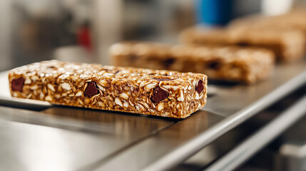 Fototapeta premium Close-up of granola bar on production line