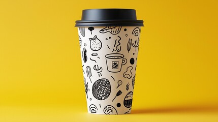 A stylish coffee cup with playful black doodles against a vibrant yellow background, perfect for coffee lovers and aesthetic enthusiasts.