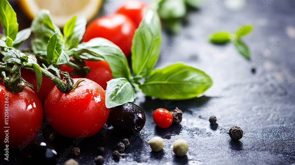 Aufkleber fresh basil tomatoes and peppers on slate with summer herbs : generative ai